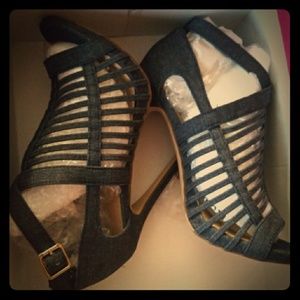 Denim caged heeled sandal